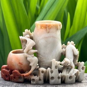 Vintage Chinese Hand-Carved Soapstone Vase Sculpture – Monkeys & Birds/Bats